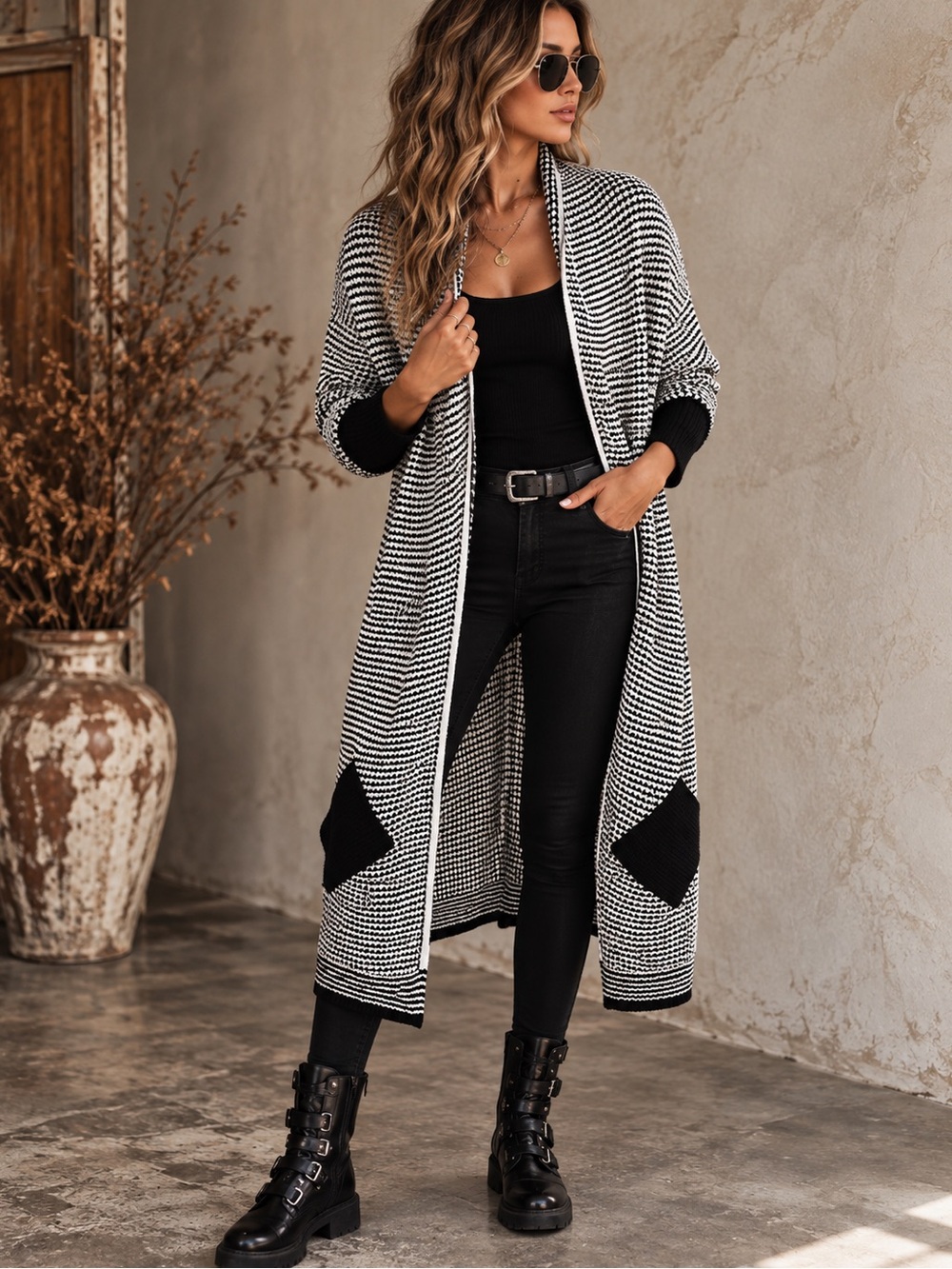 🖤 Black White Oversized Batwing Cocoon Cardigan Duster Lagenlook Large